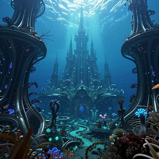 Digital artwork: Underwater fantasy scene with a glowing blue castle, surrounded by surreal, twisted black structures, vibrant bioluminescent flora, and sunlight