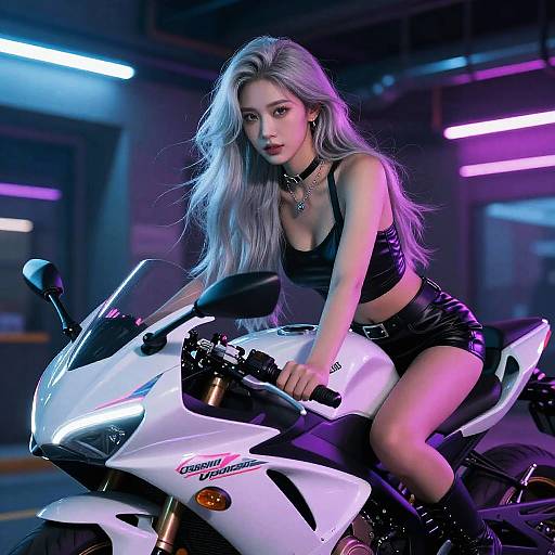 Cyberpunk Woman on Neon Motorcycle