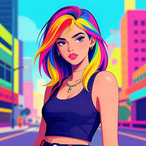 Digital art of a confident woman with vibrant rainbow hair, wearing a black crop top and gold necklace, standing in a colorful, urban street.