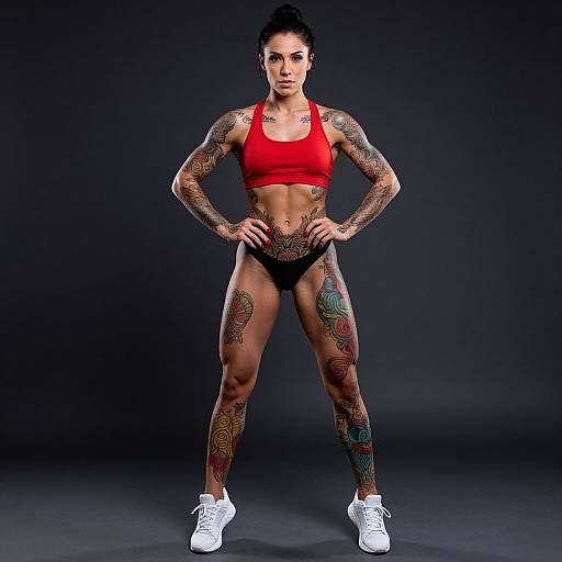 Tattooed Fit Woman in Red Sports Bra