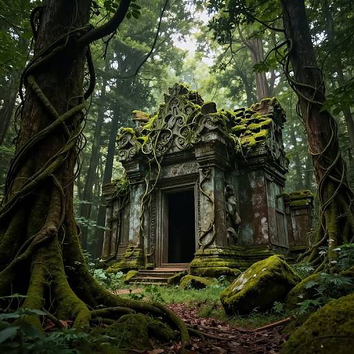 Photograph of an ancient, moss-covered stone temple deep in a dense, misty forest, with twisted tree roots and vibrant greenery.