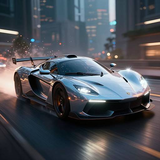 Photorealistic CGI of a sleek, silver, high-performance sports car with glowing headlights speeding through a neon-lit, urban night cityscape.