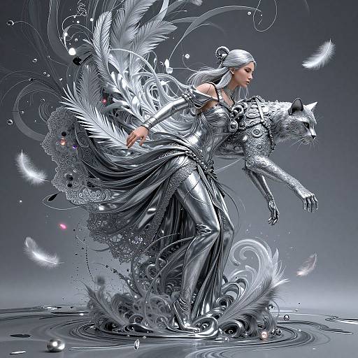 Digital art: Silver-haired woman in shimmering armor walks with a silver wolf, surrounded by ethereal feathers, swirling patterns, and water ripples.