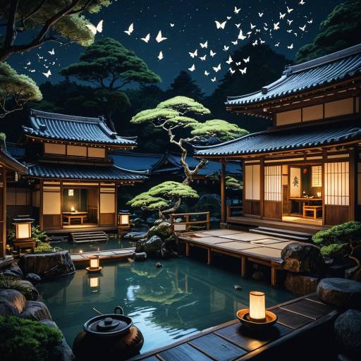 Nighttime Japanese Onsen with Mystical Butterflies