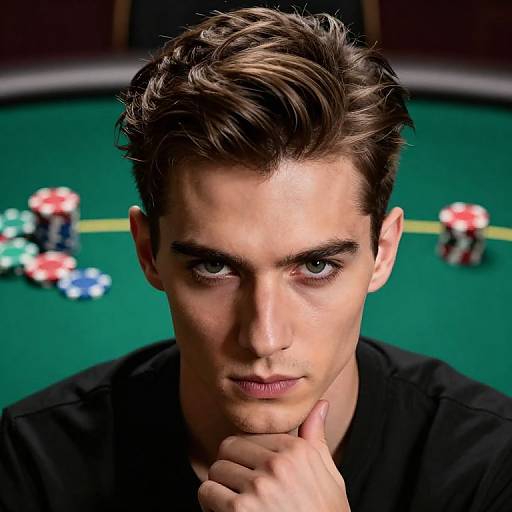 Photograph of a serious, young Caucasian man with brown, wavy hair, blue eyes, and a black shirt, thinking at a poker table with