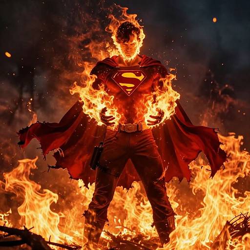 Photograph of Superman engulfed in flames, standing confidently with his iconic 
