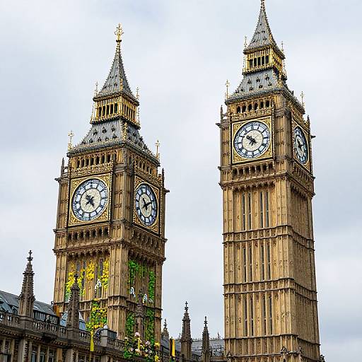 Photograph of London's Big Ben clock towers against a cloudy sky, showcasing their detailed Gothic architecture and prominent white clock faces.