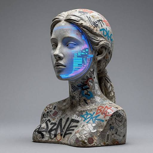 Photorealistic sculpture of a silver, graffiti-covered female head with glowing blue digital eyes, set against a gray gradient background.