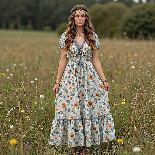 Photograph of a young woman with long wavy brown hair, wearing a white floral dress, standing in a meadow with wildflowers.