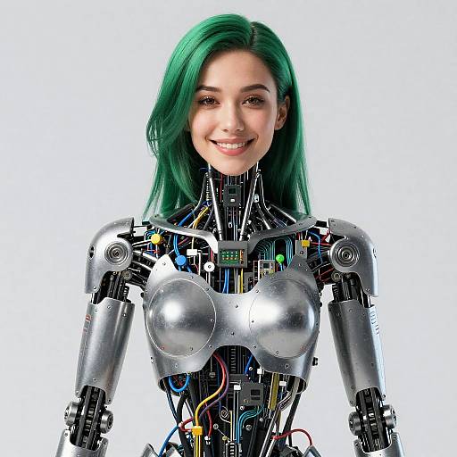Humanoid Robot with Green Hair and Exposed Circuitry