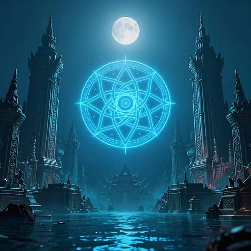 Digital fantasy artwork of a glowing blue magical circle under a full moon, flanked by towering, dark Gothic-style temples.