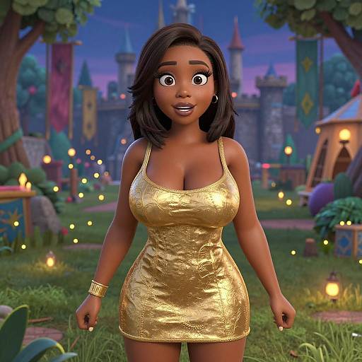 Digital CGI of a surprised black woman with medium skin tone, large eyes, and short black hair, wearing a tight, shiny gold dress, standing in