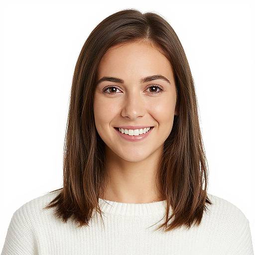 Photograph of a smiling young woman with straight, dark brown shoulder-length hair, fair skin, and brown eyes, wearing a white sweater, against a