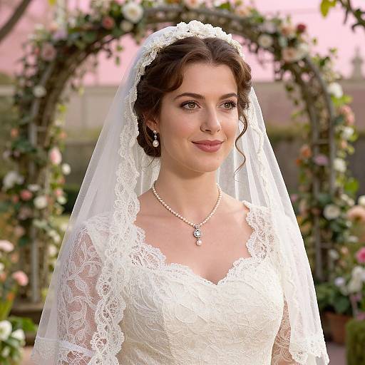 Photograph of a beautiful bride with fair skin, dark brown hair, and brown eyes, wearing a white lace wedding dress and veil, standing in front