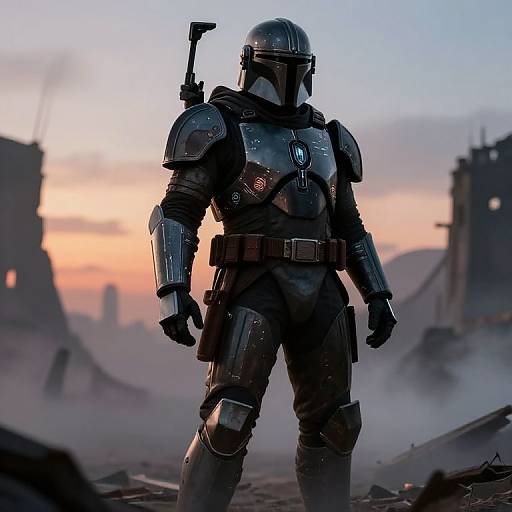 Digital artwork of a Mandalorian soldier in dark armor with helmet, shoulder gun, standing in a ruined, misty, sunset-lit cityscape.
