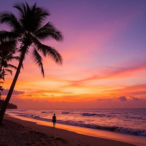 Photograph of a silhouetted person standing on a beach at sunset, with vibrant orange, pink, and purple sky, and palm trees on