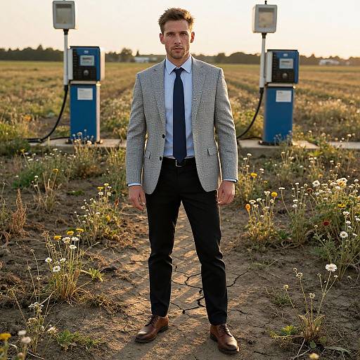 Photograph of a handsome man in a gray checkered blazer, white shirt, blue tie, black pants, brown shoes, standing in a sun