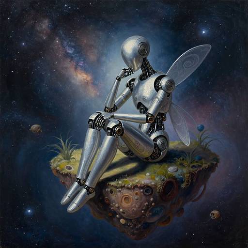 Digital art: Silver robotic fairy with translucent wings sits on a floating, grassy island in a starry, cosmic galaxy background.
