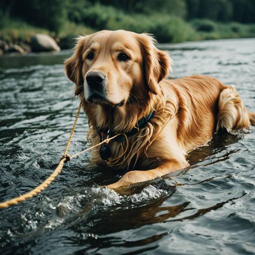 Golden Retriever Fetching Ropes in River