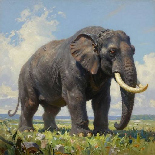 Digital painting of a large, dark gray elephant with long white tusks standing in a grassy field under a bright blue sky with fluffy white clouds.