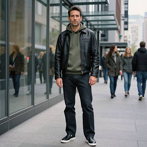 Photograph of a serious, medium-built man with short dark hair, wearing a black leather jacket, green hoodie, black jeans, and black sneakers,