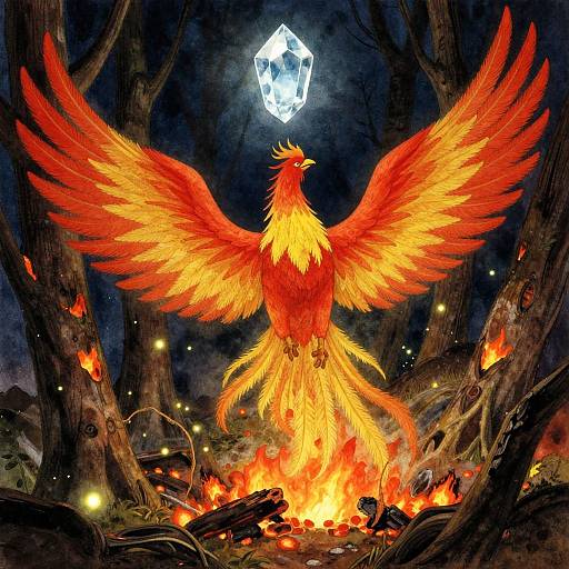Vibrant digital illustration of a fiery red and yellow phoenix with outstretched wings, standing over a blazing fire in a dark forest, with a