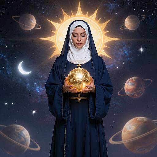 Photograph-style digital artwork of a serene nun in black habit with white headscarf, holding a glowing golden orb, surrounded by celestial background with planets