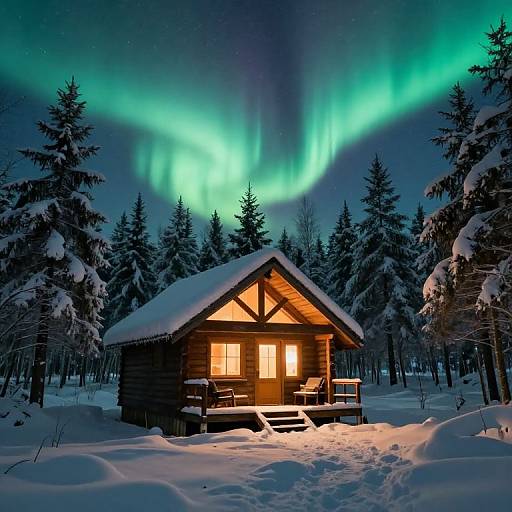 Photograph of a wooden cabin illuminated by warm light, surrounded by snow-covered trees, under a vivid green and blue Northern Lights sky.