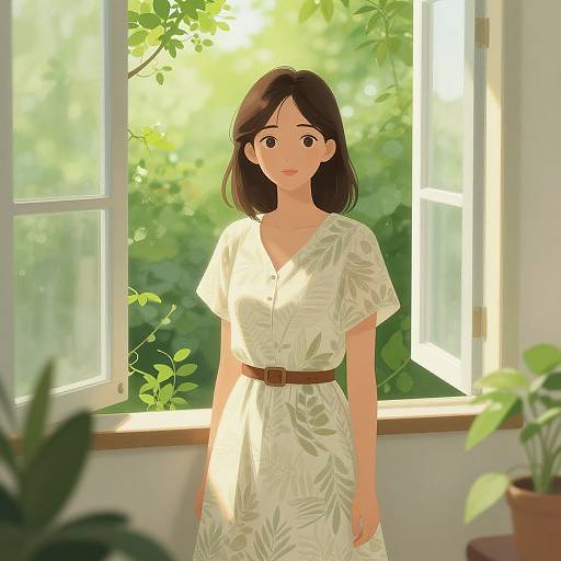 Digital anime-style illustration of a shy, brown-haired woman in a green leaf-patterned dress standing by an open window, sunlight filtering through lush greenery