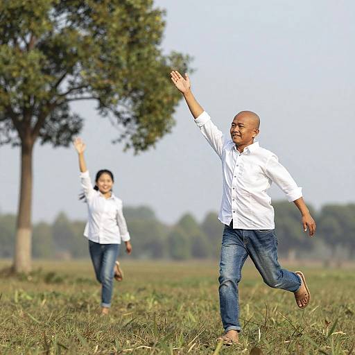 Smiling Boy and Girl Running Outdoors