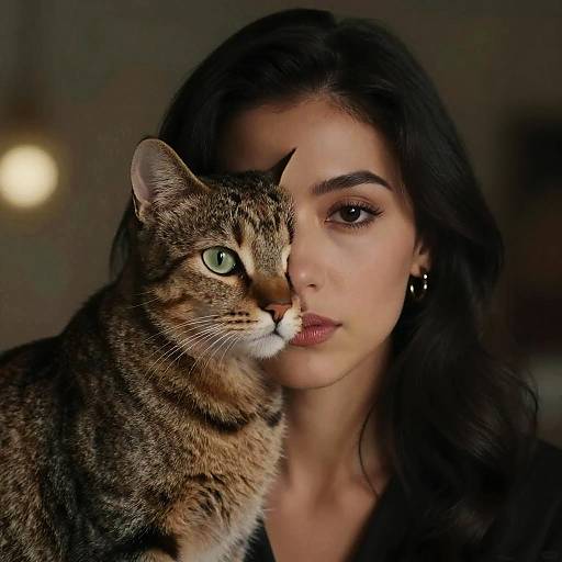 Photograph of a serious young woman with long dark hair and hoop earrings, closely holding a tabby cat with striking green eyes. Dark, blurred background