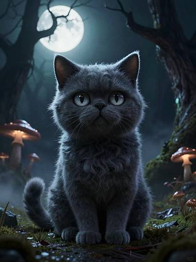 Digital illustration of a fluffy gray kitten with wide, blue eyes, sitting in a dark, moonlit forest, surrounded by glowing mushrooms.
