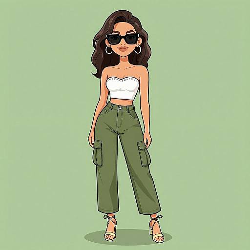 Digital illustration of a confident woman with long black hair, wearing black sunglasses, white strapless crop top, green cargo pants, and tan high heels,