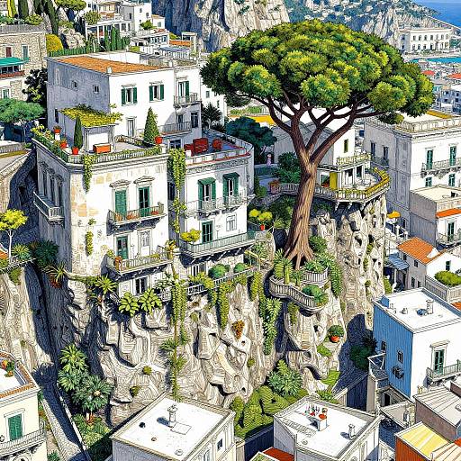 Colorful, digital illustration of a cliffside Mediterranean village with white, sunlit buildings, green shutters, and a large, leafy tree towering