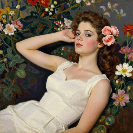Romantic painting of a fair-skinned woman with wavy brown hair, wearing a white dress and pink flower in her hair, reclining among vibrant
