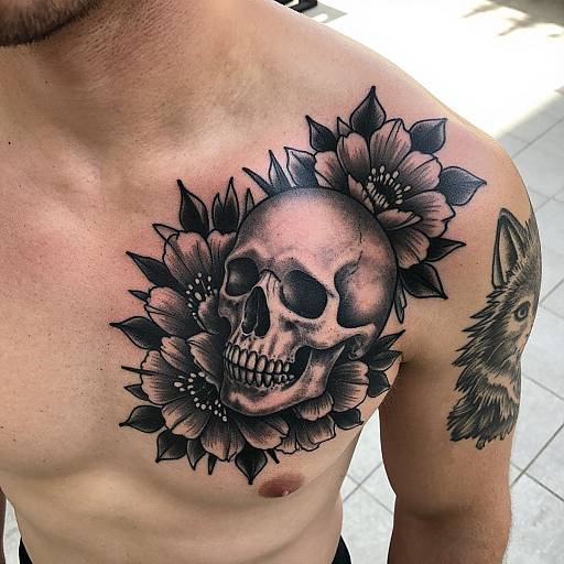 Detailed Skull and Wolf Tattoo Close-Up