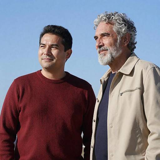 Two Men Standing Outdoors Against Blue Sky