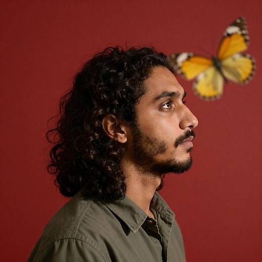 Contemplative Man in Green with Butterfly