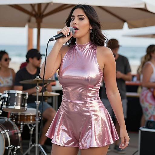 Photograph of a dark-haired woman in a shiny pink, sleeveless, high-waisted mini dress, singing into a microphone at an outdoor music