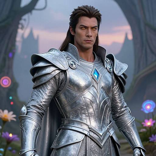 CGI image of a muscular, serious-looking man with long dark hair, wearing shiny silver armor with a blue diamond-shaped emblem, standing in a fantasy