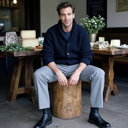 Photograph of a smiling man with short brown hair, wearing a black cardigan, gray pants, and black boots, seated on a wooden stool in