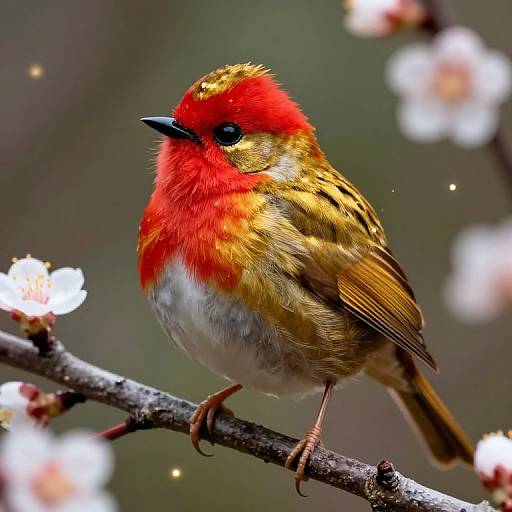 Vibrant red and yellow bird with black eye perched on branch, surrounded by blurred white blossoms, captured in sharp detail.