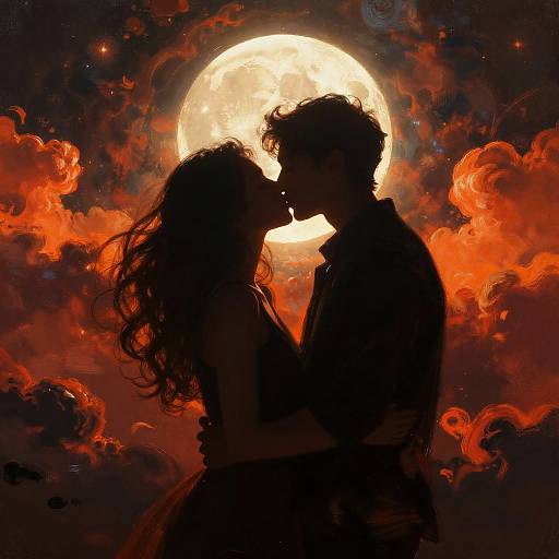 Silhouetted romantic couple kissing under a bright full moon surrounded by fiery orange clouds in a digitally illustrated, dramatic night scene.