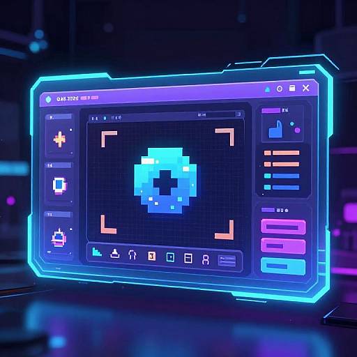 Neon-lit digital interface displaying a blue pixelated grid with buttons and icons, glowing in vibrant blue, purple, and pink hues.