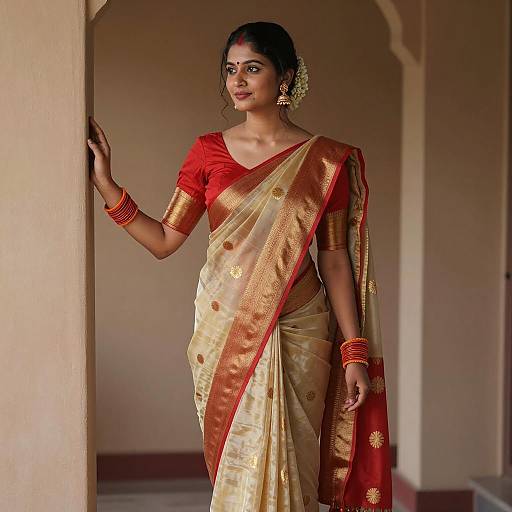 Indian Woman in Traditional Beige and Red Saree