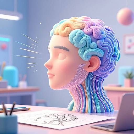 Digital 3D art: Colorful, stylized human head with swirled blue, purple, and pink hair, closed eyes, and light