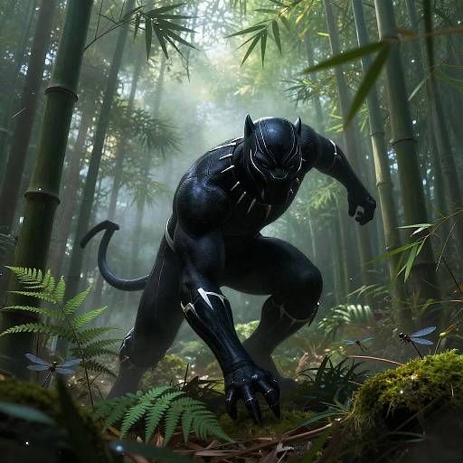 CGI digital art of a black, armored, humanoid creature with horns and a tail crouching in a misty, sunlit bamboo forest.