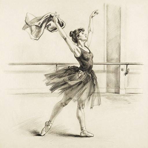 Monochrome sketch of a ballerina in a tutu, poised with arms raised, holding a cloth above her head, in a dance studio.