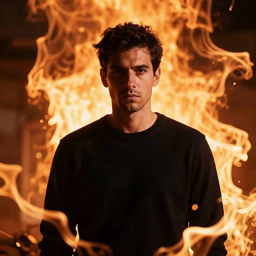 Serious Man in Black Sweater with Fiery Background