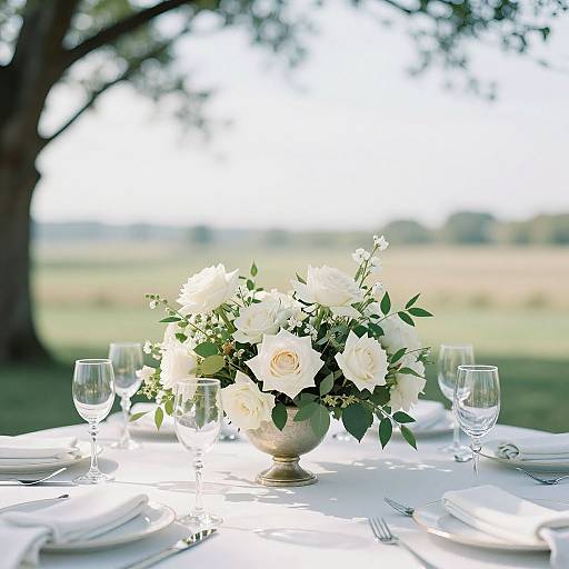 Photograph of a white flower centerpiece on a round table with clear wine glasses, white plates, napkins, and silverware, set outdoors under a